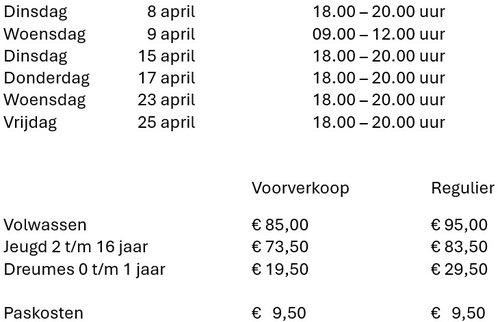 Tijden en prijzen voorverkoop 2025